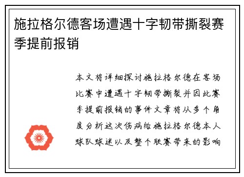 施拉格尔德客场遭遇十字韧带撕裂赛季提前报销