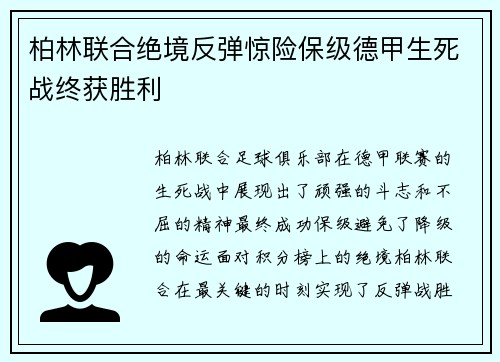 柏林联合绝境反弹惊险保级德甲生死战终获胜利